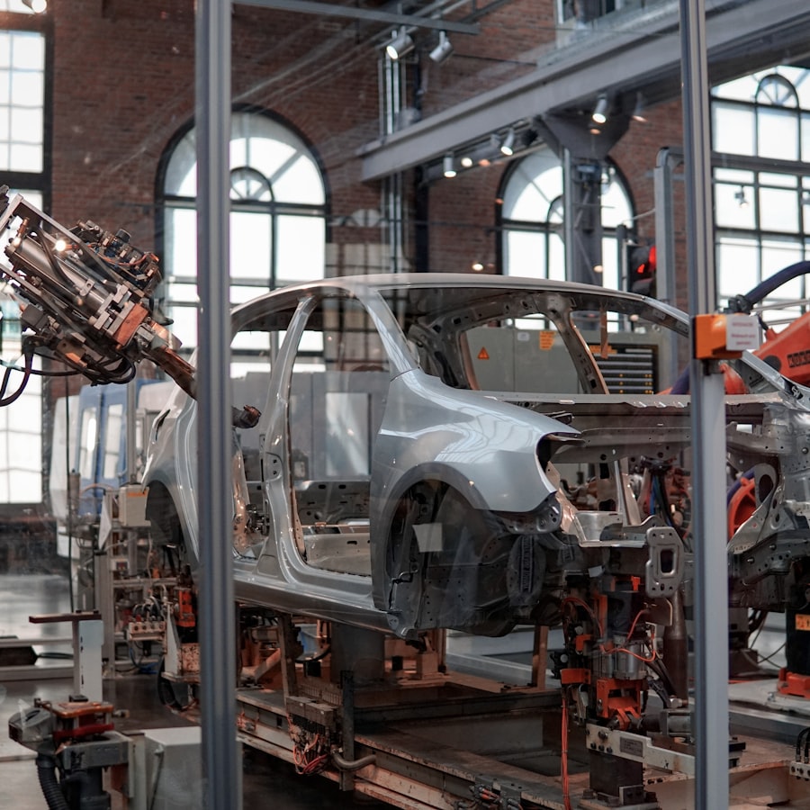 A chassis moving through the robotic assembly line