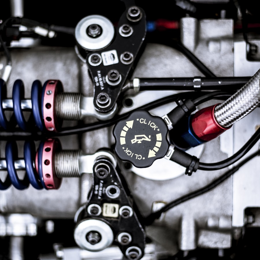 Close-up of blue coil springs on a precision engine assembly