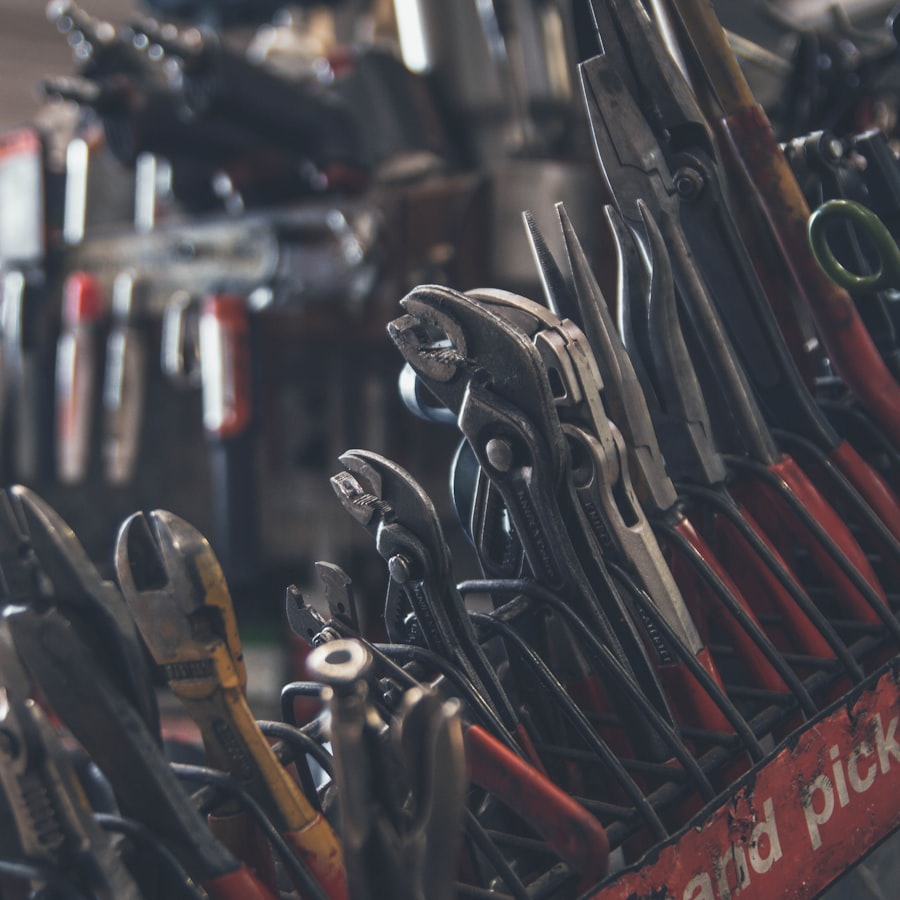 Rows of pliers and cutters racked in the tool crib